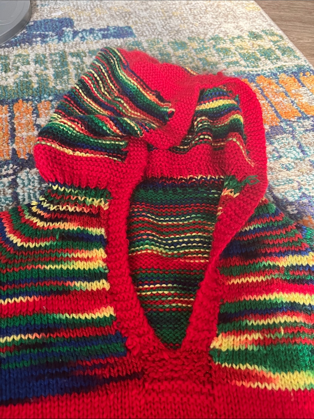 Unisex crocheted Red Multicolor Striped Hooded Sweater sz medium - Picture 3 of 4